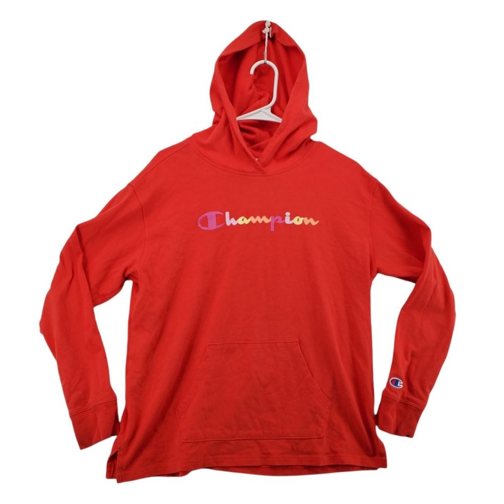 Champion Top Women's Long Sleeve High Neck Hooded T-Shirt Orange Medium